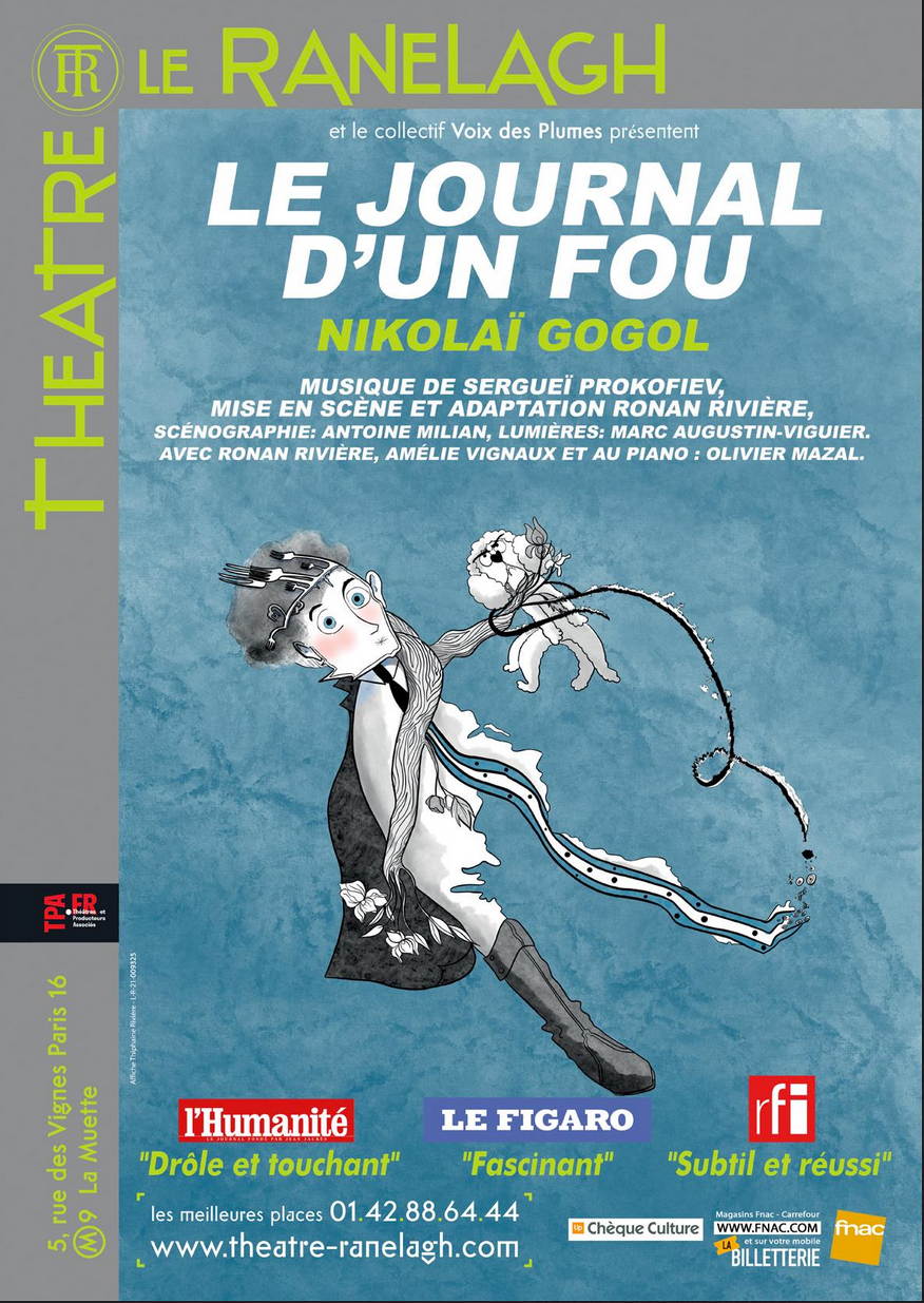 Affiche. Théâtre le Ranelagh et le collectif Voix des Plumes. Le Journal d|un fou, de Nikolaï Gogol. Adaptation de Ronan Rivière. 2024-09-12